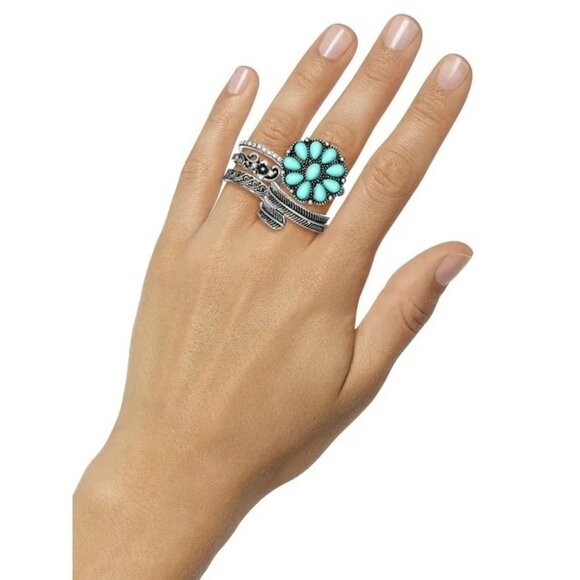 Jessica Simpson Faux Silver Tone  Turquoise Stone Ring Set  Set of 5 - Picture 7 of 7